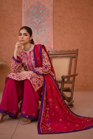 Mehraab Stitch Embroidery Crimson Red Three-Piece