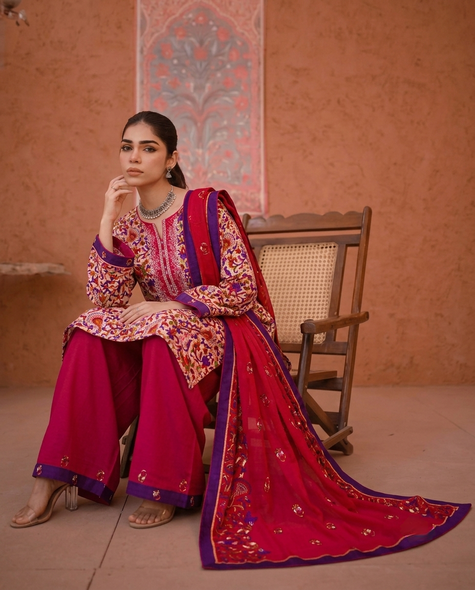 Mehraab Stitch Embroidery Crimson Red Three-Piece