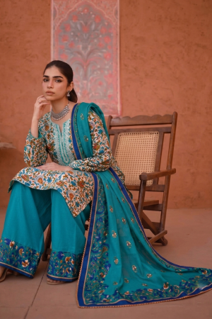 Mehraab Stitch Embroidery Peacock Blue Three-Piece