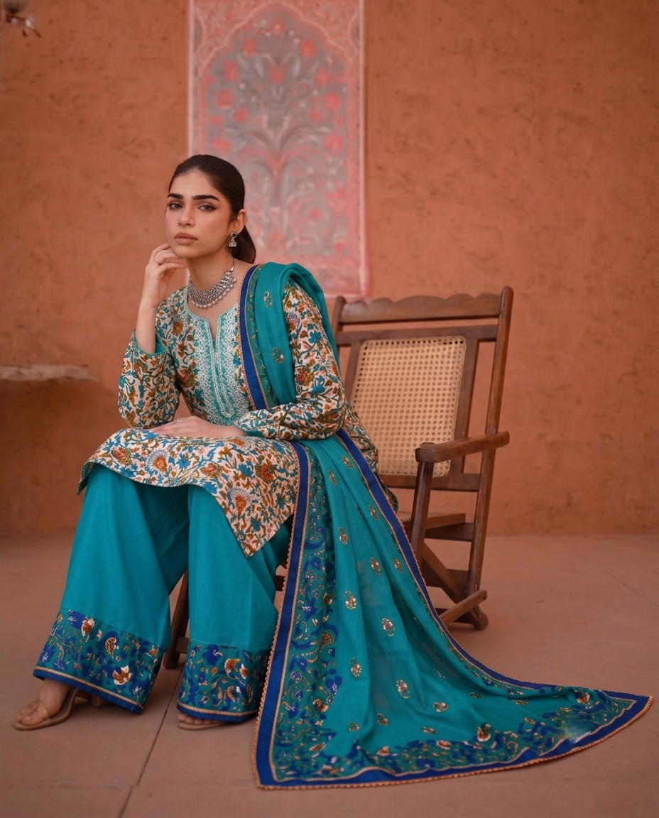 Mehraab Stitch Embroidery Peacock Blue Three-Piece