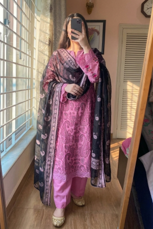 Kasuri Printed Cotton 3-Piece Suite (Pink & Black)