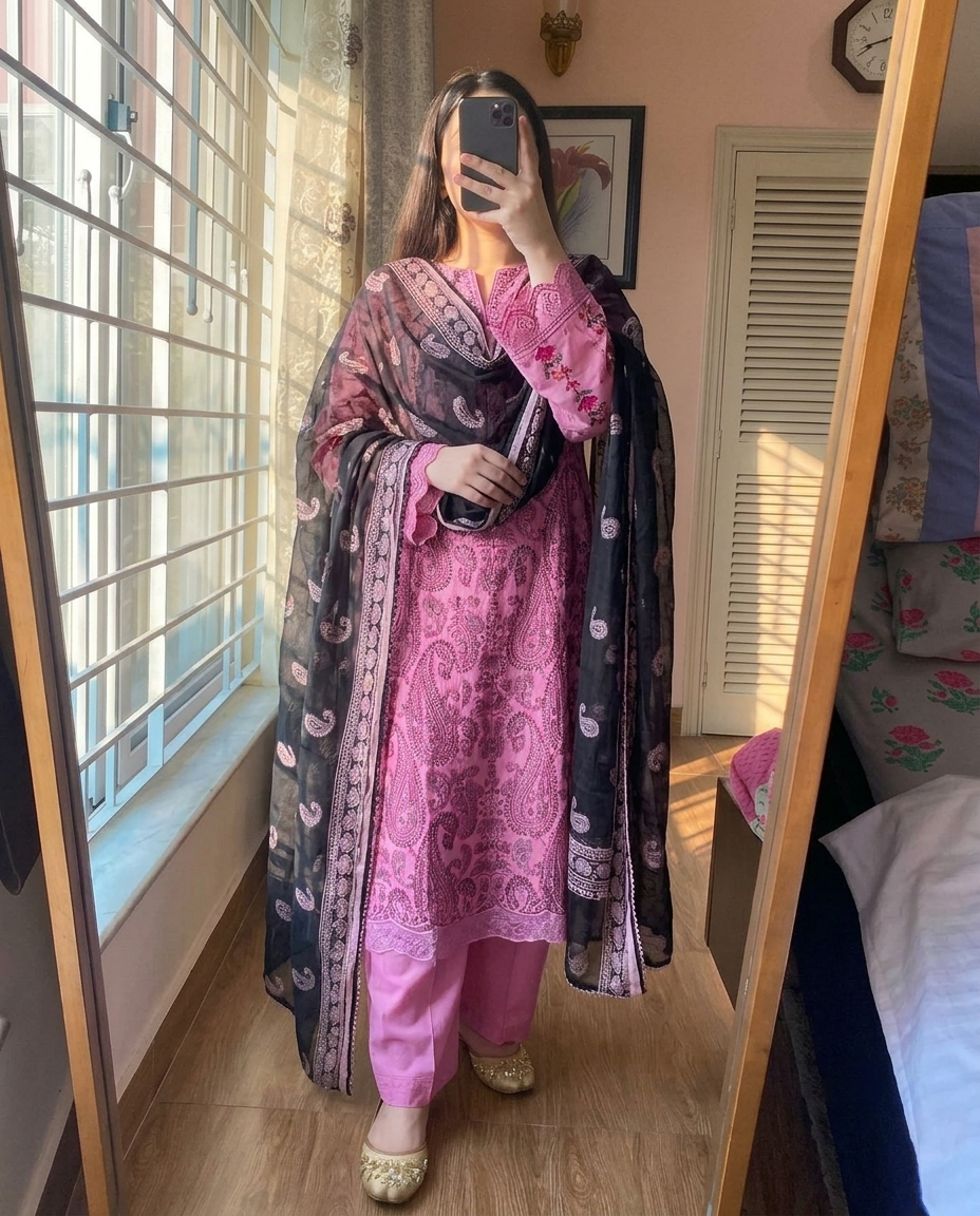 Kasuri Printed Cotton 3-Piece Suite (Pink & Black)