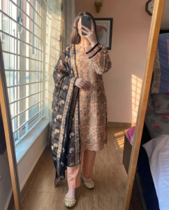 Kasuri Printed Cotton 3-Piece Suite (Peach & Black)