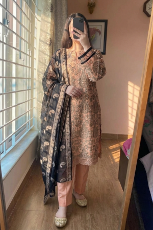 Kasuri Printed Cotton 3-Piece Suite (Peach & Black)