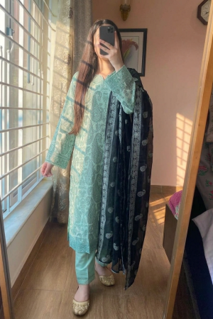 Kasuri Printed Cotton 3-Piece Suite (Pastel Green & Black)
