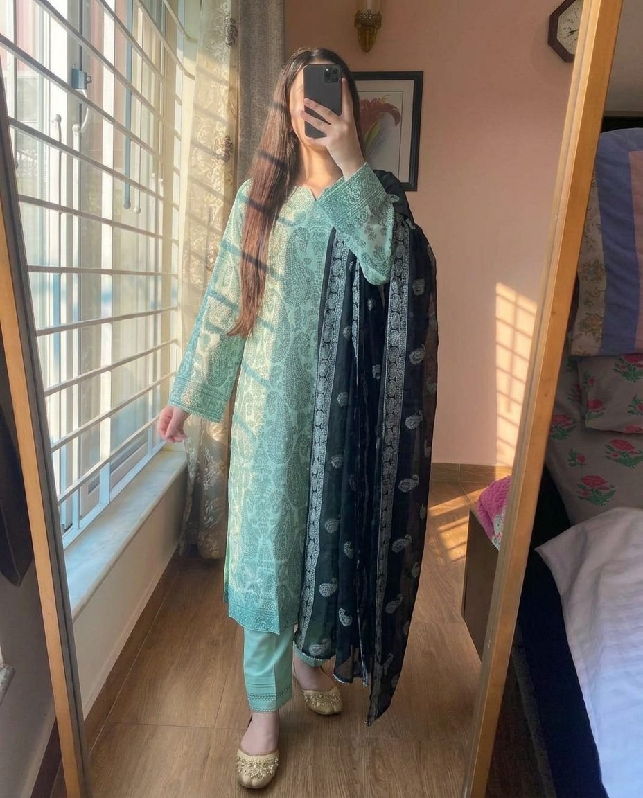 Kasuri Printed Cotton 3-Piece Suite (Pastel Green & Black)